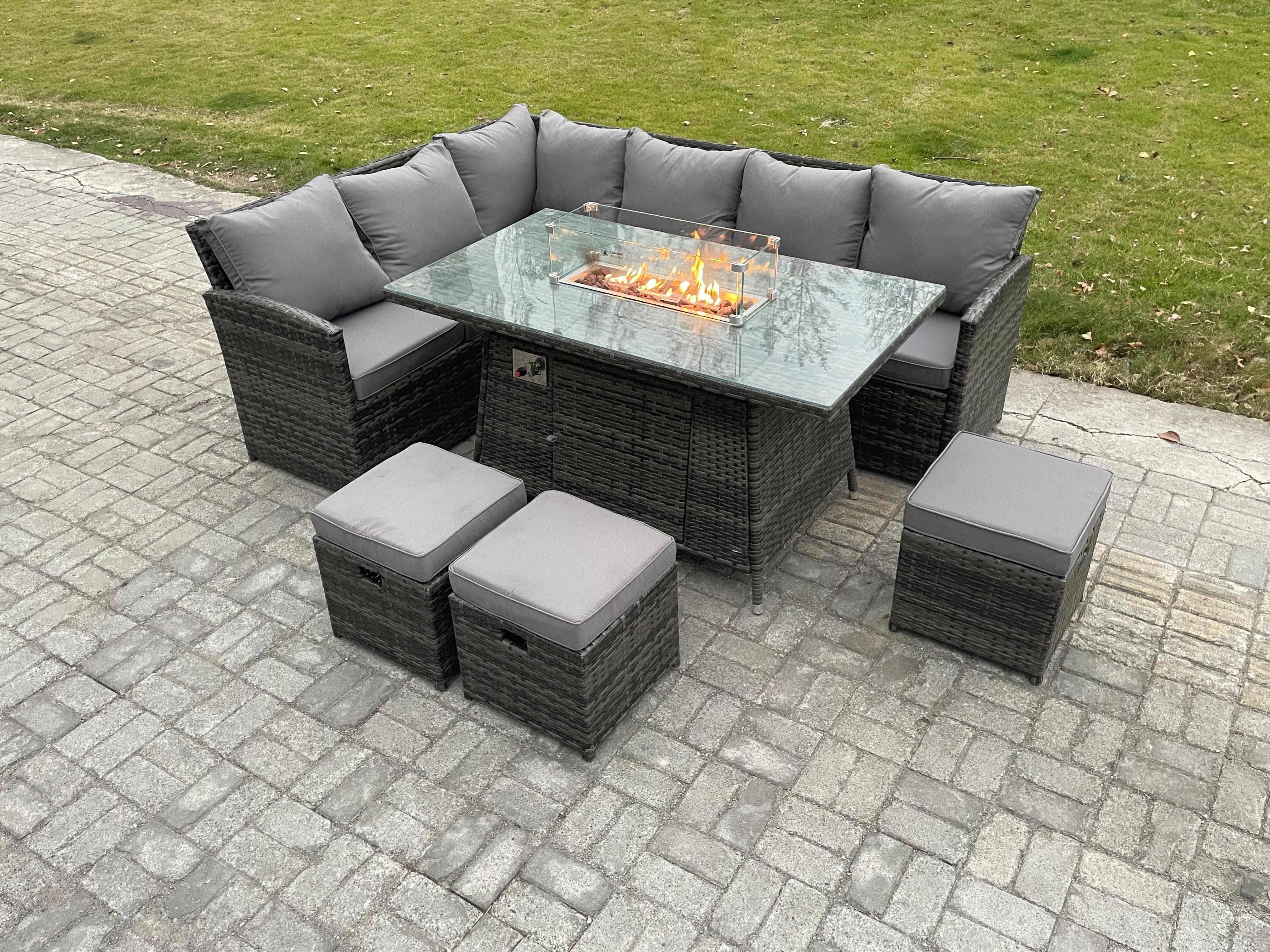 Rattan Garden Furniture High Back Corner Sofa Gas Fire Pit Dining Table Sets Gas Heater with 3 Small